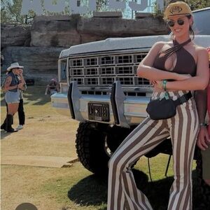 Brown Striped Blank Page Flared Festival UT Football Western Pants